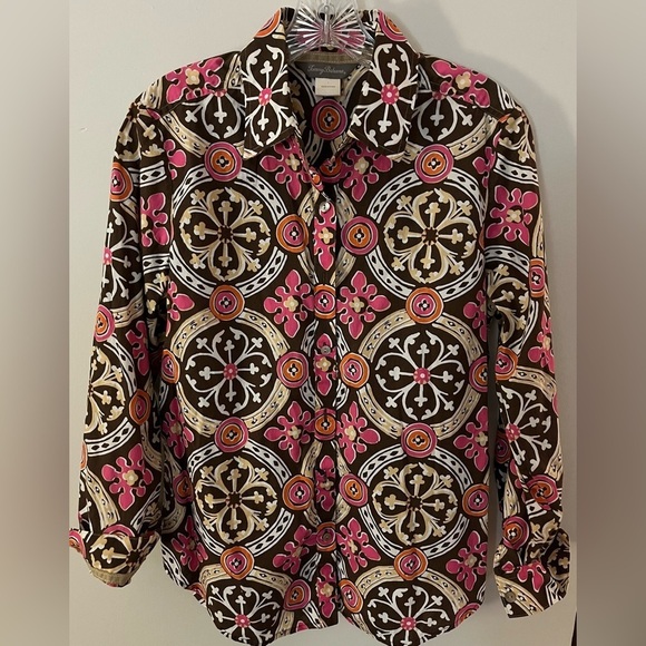 Tommy Bahama Brown/Pink Long Sleeve Button Down Top w/Geometric Pattern; Size 8 - Picture 1 of 8